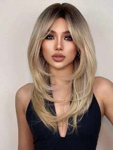 Barbique 22 Inch Ombre Blonde Long Straight Wig With Bangs Women - Heat-Resistant Synthetic |   Glueless Natural-Looking |   Easy Maintenance |   Beginner-Friendly |   Daily/Party/Music Festival - 金色 - 查看 1