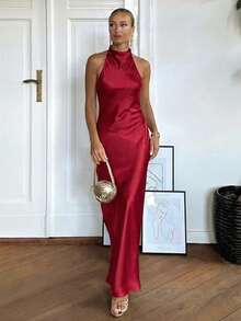 HH 女士丝质吊带领连衣裙露肩露背拼接长裙女士派对性感连衣裙 - 紅色 - 查看 2