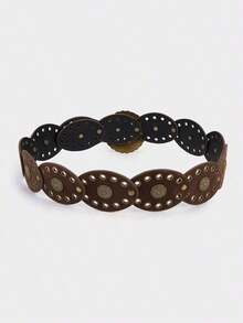 1pc Western Cowgirl Boho Style Women's Belt, Boho Belt, Western Belt, Gothic Velvet Patchwork Belt, Women's Fashion Accessory, Autumn/Winter Coffee & Antique Bronze Floral Oval Belt, Dress Accessory, Party, Beach, Music Festival, Y2K Style Belt, Valentine's Day - 黑色 4 - 查看 3