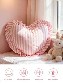 1pc Heart Pattern Decorative Throw Pillow, Single-Sided Print With Ruffle Trim, Romantic French Style, Suitable For Living Room, Bedroom, Dorm, Sofa Decor, Couple Gift, Machine Washable, Oeko-Tex Certified - Multicolor - View 4