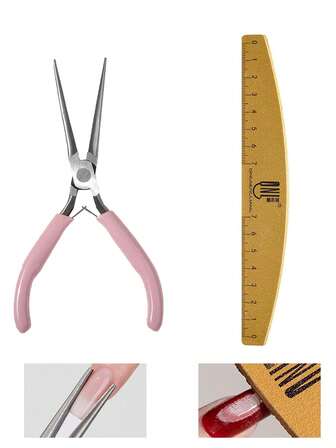 1个粉色手柄长尖头美甲雕塑夹 + 1个指甲锉/抛光锉，100/180目，可水洗，耐用，双面设计，一面带刻度，一面带指甲形状模板，指甲锉/砂纸锉/美甲工具/抛光锉，适合美甲新手和美甲沙龙使用，用于美甲制作和延长，专业美甲师和家庭用户适用，粉色，美甲产品，美甲工具，美甲艺术工具，返校季