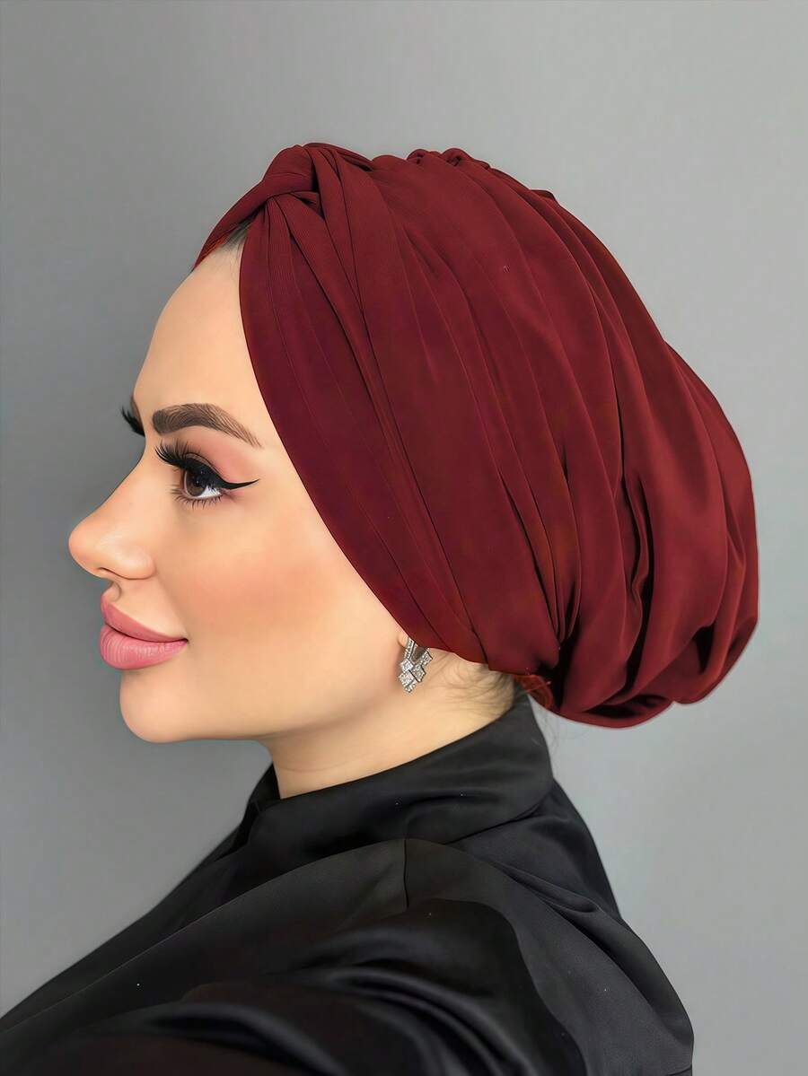1 buah Topi Turban Kemoterapi Klasik Wanita Warna Polos, Elastisitas Tinggi & Desain Berlipit, Anti Selip & Bernapas, Jilbab Berlipit Multi-Lapisan, Kain Rajut Modal Lembut yang Nyaman, Cocok untuk Pemakaian Sehari-hari dengan Hijab - Burgundy - View 1