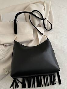 1 Peça Bolsa Transversal Casual Versátil com Zíper Liso, Decoração com Borla em Couro PU Preto, Adequada para Uso Diário de Mulheres - Preto - Visão 8