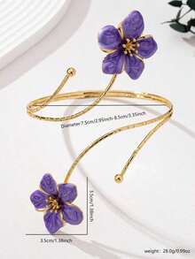 Punk Style Exaggerated Alloy Metal Multi-Color Enamel Flower Bracelet, Fashionable & Cooling Summer Colorful Enamel Floral Bracelet, Suitable For Women's Daily Wear, Holidays, Mother's Day, Gatherings, Beach, Vacation (The Floral Colors Are Handmade Enamel Glaze And May Have Some Variations Such As Color Bleeding, Staining, And Fading) - 紫色 - 查看 6