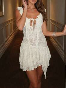 女士奶油色蕾丝迷你连衣裙 | 荷叶边袖系带不对称下摆连衣裙，适合派对和夜间外出，春季优雅之选 - 杏色 - 查看 3