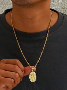 1pc Men's 18K Gold Plated Zirconia Inlaid + Embossed St. Jude Medallion Pendant Necklace, Fashionable Sparkling Rhinestone Men's Jewelry, 3D St. Jude Statue Religious Necklace, Suitable For Daily Street Hip-Hop Outfits And Believers Gatherings - Gold - View 1