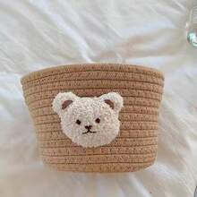1pc Handmade Woven Storage Basket, Cartoon Bear Desk Organizer Box, Clips, Hair Ties, Makeup Brush Holder - Coffee Brown - View 11