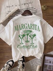 MARGARITA Drinking Graphic Women Casual Round Neck Short Sleeve T-Shirt, Summer Beach Outfits, Plus Size - White - View 2