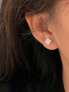 1 Pair Silver Plated Zirconia Clover Stud Earrings, Elegant & Minimalist Style For Women - Earrings - View 5