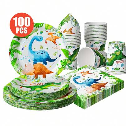 丛林绿恐龙主题派对一次性餐盘、餐巾纸、纸杯套装 - 25人份派对用品套装，一次性纸盘，适合生日、婚礼、主题派对、家庭野餐等场合。