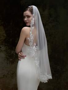 1pc Handmade Embroidered Lace Bridal Veil, Vintage Lace Veil Accessory For Wedding, 1m Long Veil With Hair Comb - Beige - View 7