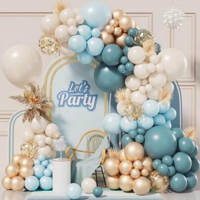 136pcs Mist Blue, Light Blue, Beige, White, Metallic Gold Latex Balloons, Gray-Blue Balloon Garland Set, Suitable For Bridal Shower, Wedding Anniversary, Birthday Party Decor, Mother's Day