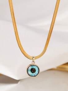 1pc Classic Stainless Steel Textured Gold-Tone Flat Chain Necklace With Round Blue Evil Eye Pendant - Yellow Gold - View 11