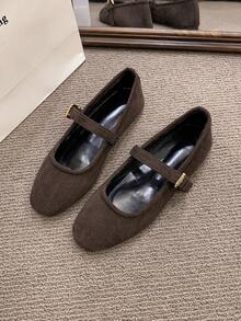 Women's Flat Shoes Retro Ballet Style Comfortable Low Heel Flat Shoes One-Strap Buckle Suede Mary Jane Flat Shoes, Brown - Coffee Brown - View 6
