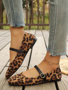 Women's Fashion New Flat Square Toe Mary Jane Leopard Print Casual Outdoor Slip-On Shoes, Suitable For Commuting, Office, Outdoor, Home, All Seasons - Leopard Print - View 3