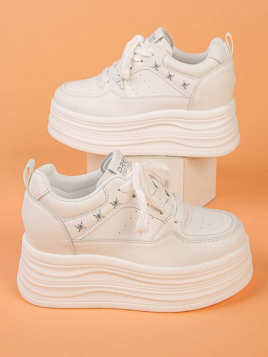 女士厚底运动鞋，纯色休闲户外系带时尚百搭鞋，白色低帮增高鞋，适合户外穿着 - 白色 - 查看 1