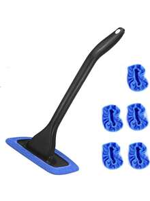 6件套绿色可重复使用汽车玻璃清洁套装，长柄挡风玻璃刮水器配5个超细纤维清洁垫，无需电源的汽车玻璃清洁刷套装，汽车前挡风玻璃刮水器，汽车玻璃除雾清洁刷，除尘湿巾，挡风玻璃除雾刷 - 彩色 - 查看 15