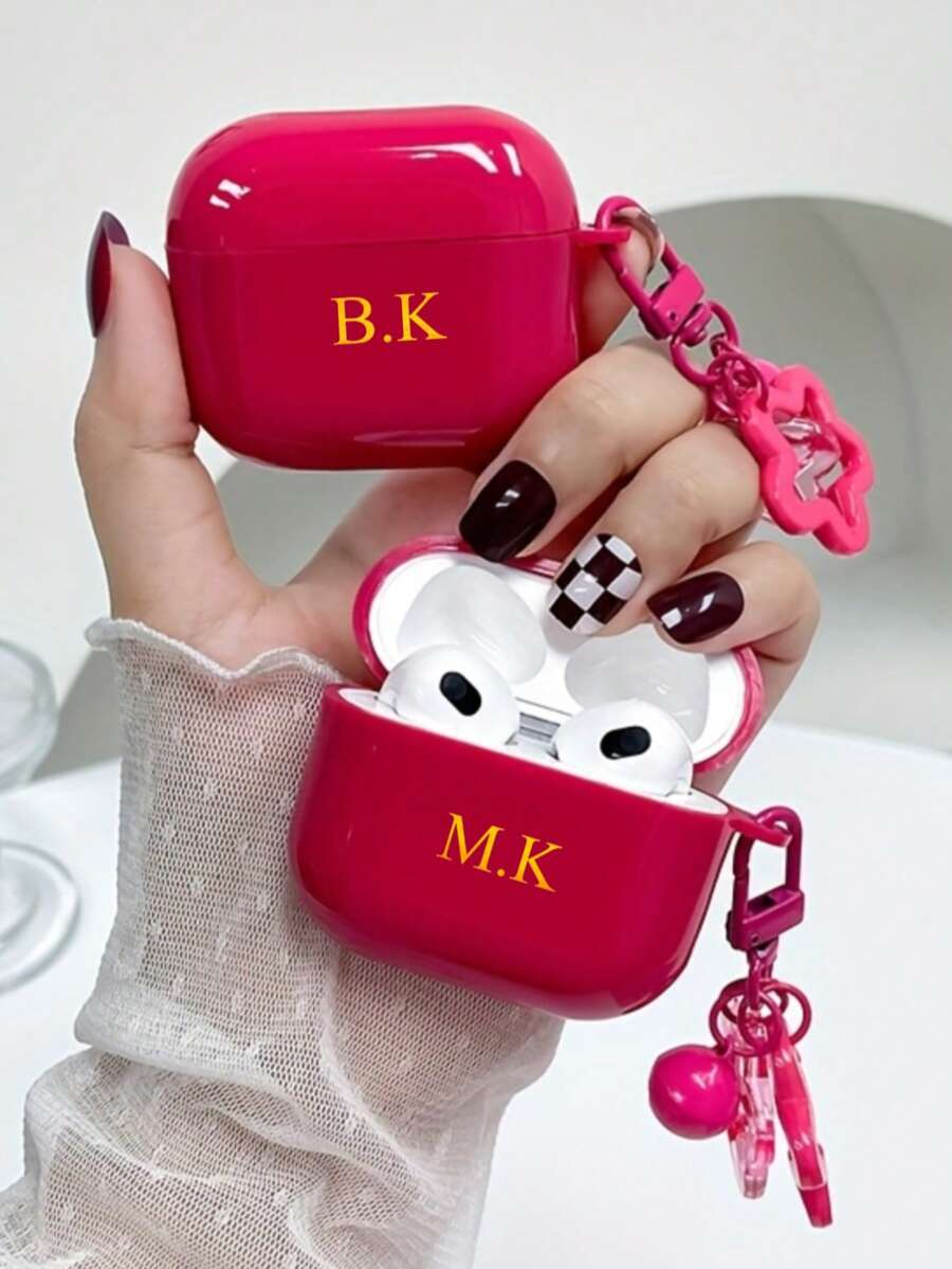 Customized (2-Piece Set, Including Star Chain) Glossy Rose Red Earphone Case Compatible With AirPods 1/2 3 New 4 Pro 3, Customized Letter Name, Back To School Season, Valentine's Day Gift, Good Birthday Gift, Holiday Gift, Gift For Men And Women, Personalized Gift - Hot Pink - View 1