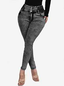 1 pieza Jeans de ajuste ceñido mejorados procesados con técnica de lavado especial, casual de vacaciones de primavera - Gris Oscuro - Ver 5