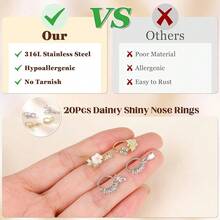 NICEIGHT 20Pcs 20G 316L Stainless Steel Dangle Nose Ring For Women Men L Shaped Dangling Nose Stud Cute Heart Moon Star Nose Hoop Set CZ Flower Leaf Butterfly Dangle Nose Piercing Jewelry - Bạc - Xem 7