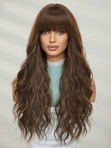 26英寸巧克力棕色波浪层次蝴蝶发型合成纤维假发，带刘海，适合日常佩戴和派对场合 - 巧克力棕 - 查看 4