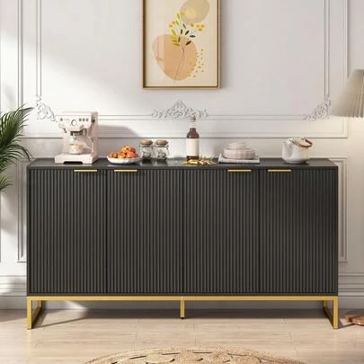 Fluted Sideboard Buffet With 4 Fluted Doors, Adjustable Shelves For Living Room, Dining Room