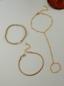 Set de 3 piezas de pulsera de cadena de dedo minimalista, cadena plana de serpiente y cuentas de CCB, adecuado para mujeres para uso diario, citas, fiestas, festivales de música y apilar - Amarillo Oro - Ver 3
