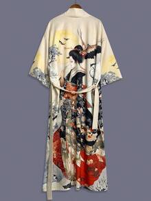 传统日式美人印花中长款七分袖缎面和服罩衫薄款外套，女士优雅街头休闲宽松外套，适合海滩、旅行、度假、作为睡袍、浴袍、派对服饰穿着。 - 杏色 - 查看 2