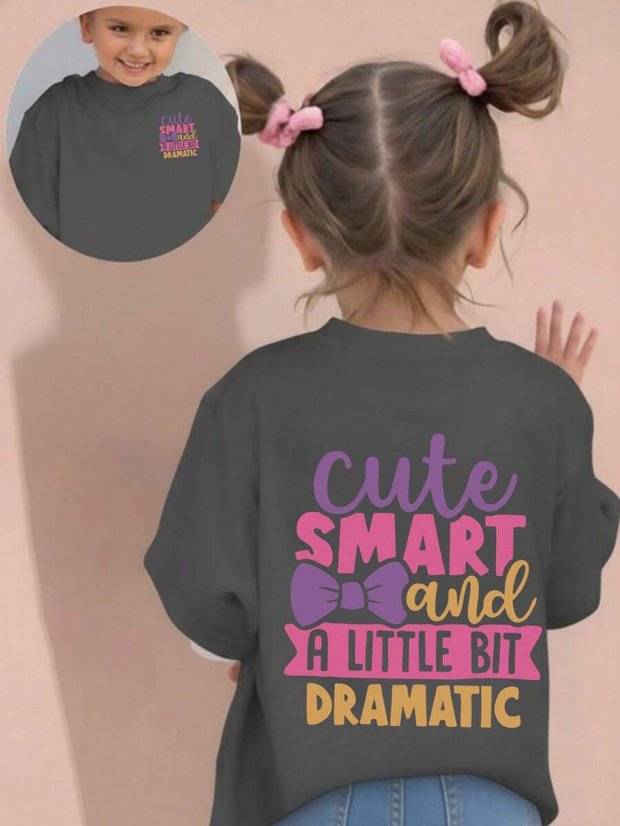 Young Girl Casual Graphic Print Crew Neck Short Sleeve T-Shirt, Summer Top - Dark Grey - View 1