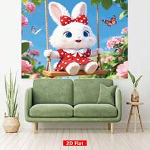 1 pieza Pancarta plana 2D, Tela de fondo de Pascua, Conejo blanco oscilante, Diseño con patrón de flores y mariposas, Material de poliéster, Decoración colgante de primavera adecuada para interiores/exteriores, Telón de fondo para fotografía, Pancarta para fiesta - Multicolor - Ver 3