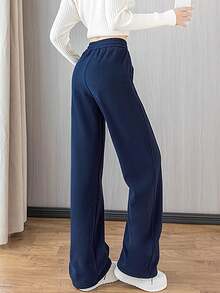 Women's Casual Loose Fit Wide Leg Pants, Versatile Black Relaxed Fit Sweatpants, Comfortable American Style Athletic Trousers - Navy Blue - View 4