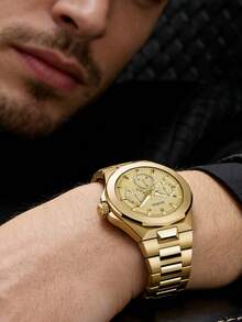 Guess Reloj de cuarzo para hombres, cronógrafo de acero inoxidable, caja de acero inoxidable casual de negocios/cristal resistente a los arañazos, regalo para hombres GW0798G2 - Dorado - Ver 3