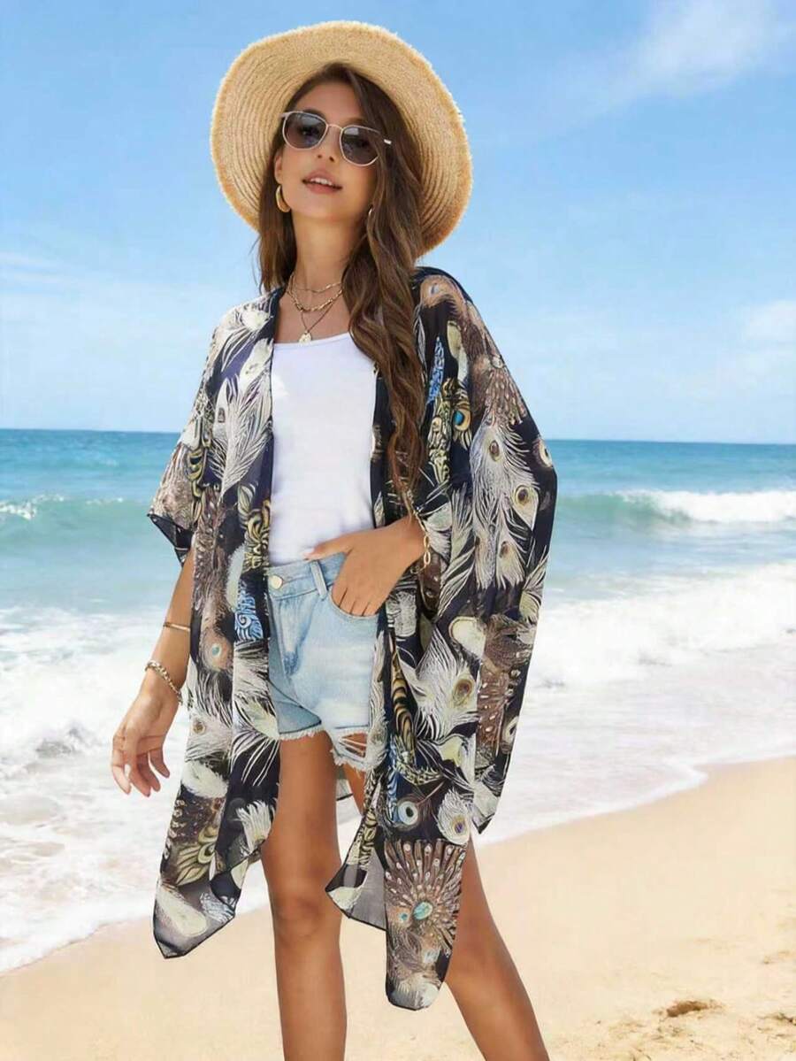 1件女士多色雪纺开衫，时尚轻薄透气沙滩罩衫，孔雀羽毛图案，夏季 - A - 查看 1