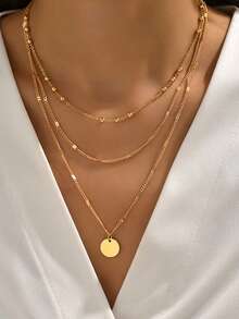 1pc Simple & Fashionable Metal Punk Chain Necklace With Round Pendant And Multiple Layers For Women, Cross-border - Yellow Gold - View 5