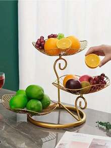 3-Tier Iron Leaf Design Fruit Basket, Elegant & Luxurious Style Snack Tray/Fruit Plate For Living Room - Multicolor - View 9