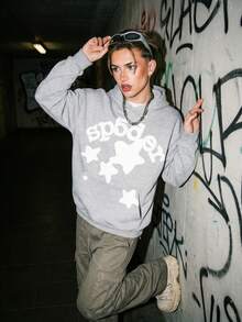 1pcs-Spider Wed Fashion Hip-Hop Printed Flower Hooide European And American Brand Large-Sized Loose Men's And Women's Hooded-280g Pure Heavy 100%Polyester - Màu Xám nhạt - Xem 8