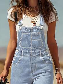 Women's Western Vintage Washed Loose Adjustable Shoulder Strap Denim Overall Workwear Pants, Washed Denim Fabric, College Style, Fashionable And Elegant Outfit, Suitable For Back-To-School, Teachers, Outings, And Travel Wear - 淺色水洗藍 - 查看 5