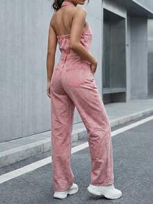 Casual Sleeveless Denim Jumpsuit For Women Extra Long Pink Romper With Pockets Non-Stretch Fabric - Pink - View 3