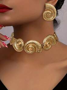 1pc Fashionable Metal Geometric Spiral & Hollowed Out Flower Shaped Necklace Valentines,Mom,Mother,Mother's Day,Gift - 黃金-1 - 查看 1