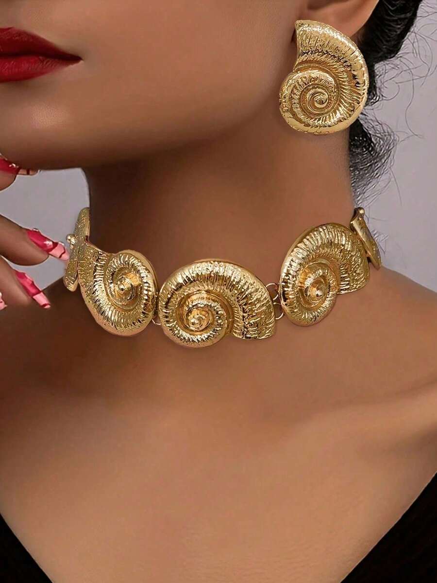 1pc Fashionable Metal Geometric Spiral & Hollowed Out Flower Shaped Necklace Valentines,Mom,Mother,Mother's Day,Gift - 黃金-1 - 查看 1