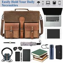 NEWHEY 15.6 Inch Men's Vintage Genuine Leather Large Laptop Briefcase, Waterproof Canvas Messenger Bag, Durable Leather Computer Bag, Brown - Multicolor - View 4