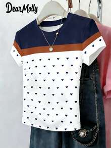 DEAR MOLLY T-shirt décontracté mode polyvalent pour femme, Top à imprimé cœur avec patchwork multicolore à rayures et couleurs contrastées, manches courtes, convient pour le port décontracté quotidien, un cadeau pour elle pour la Saint-Valentin et l'été - Multicolore - Voir 2
