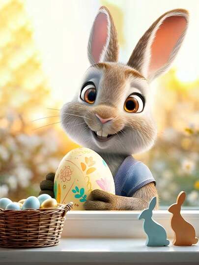 1个复活节兔子手捧彩蛋窗贴，节日装饰玻璃贴纸，汽车贴纸，可爱毛绒兔子设计，PVC可移除静电贴，双面可见，适用于玻璃表面、客厅、卧室、商店、橱窗展示、家居装饰，春季复活节和节日礼物