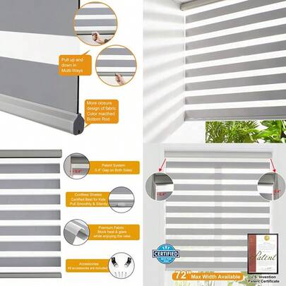 Superior Bronz Cordless Zebra Blinds For Windows Free-Stop Roller Windows Shades 24" W X 72" H Grey Dual Layer Light Control For Day And Night Light Filtering Sheer Shades For Home Bedroom