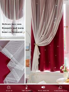 1pc Hollow Star Curtain, Polyester With Lace Sheer Double Layer Curtain, Darkening Bedroom Window Curtain, Cute Unique Princess Style Curtain Suitable For Holidays - Burgundy - View 4