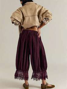 Women Lace Trim Long Bloomers Elastic Mid Rise Ruffle Pantaloons Cropped Flared Slips Pants Loungewear Summer Pettipants Capri Bottoms - Màu Đỏ Sâu - Xem 3