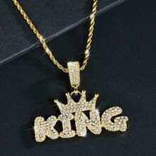 1pc Bling Rhinestone Crown "KING" Letter Necklace, Suitable For Men And Women, Everyday And Occasions - Yellow Gold - View 1
