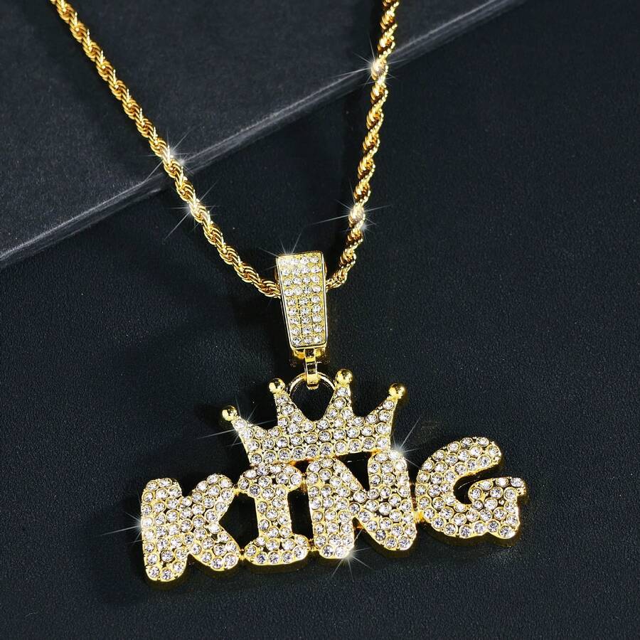 1pc Bling Rhinestone Crown "KING" Letter Necklace, Suitable For Men And Women, Everyday And Occasions - Yellow Gold - View 1