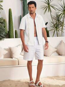 Runcati Men's Cuban Guayabera Shirt Linen Cotton Short Sleeve Mexican Beach Wedding Shirt, Elegant Resort Button Down Top Lightweight Breathable For Summer - 白色 - 查看 4