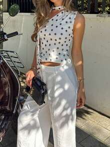 2026 Spring/Summer New Women's Knitted Mesh Polka Dot Asymmetric Shoulder Scarf Elegant Blouse - White - View 8